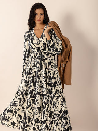 Tied Printed V-Neck Long Sleeve Midi Dress - 1985 the VAULT Boutique