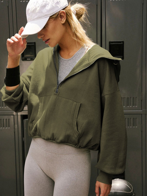 Half Zip Pocketed Dropped Shoulder Hoodie - 1985 the VAULT Boutique