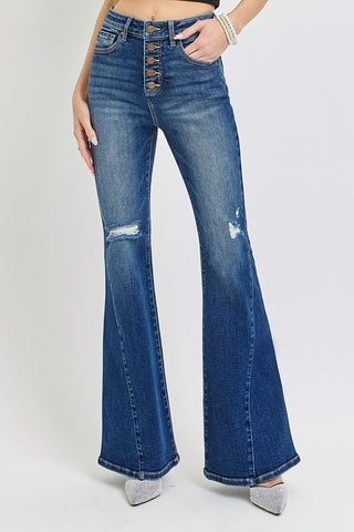 RISEN Distressed Button-Fly Flare Jeans - 1985 the VAULT Boutique