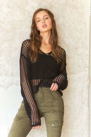 ADORA Crochet Long Sleeve Knit Cover Up with Big Pocket - 1985 the VAULT Boutique