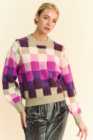 Davi & Dani Checkered Round Neck Long Sleeve Sweater - 1985 the VAULT Boutique