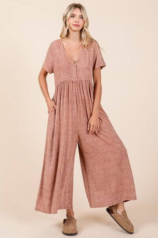 Mittoshop Mineral Wash Short Sleeve Flowy Wide Leg Jumpsuit - 1985 the VAULT Boutique