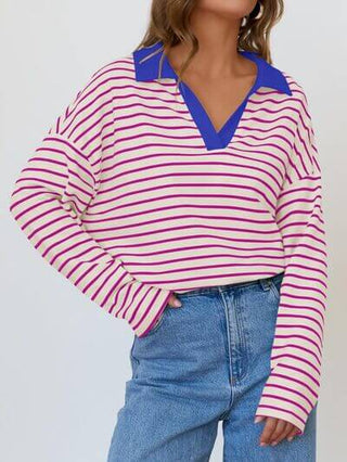 Mandy Striped Johnny Collar Long Sleeve Sweatshirt - 1985 the VAULT Boutique