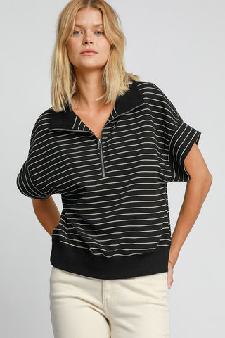 Umgee Striped Half Zip Short Sleeve Sweatshirt - 1985 the VAULT Boutique