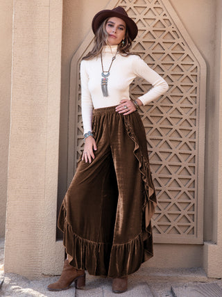 Ruffle Trim Wide Leg Slit Pants - 1985 the VAULT Boutique