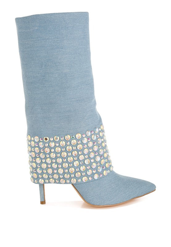 Mike Drop Diamante & Rhinestones Denim Boots - 1985 the VAULT Boutique