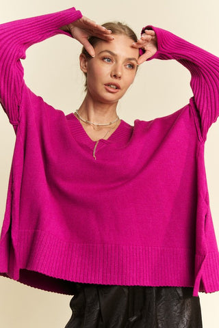 Davi & Dani Ribbed Side Slit V-Neck Sweater - 1985 the VAULT Boutique