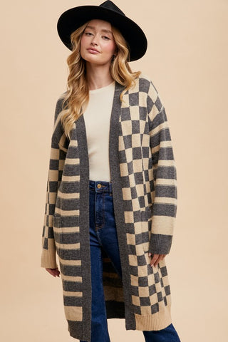 Annie Wear Checkered & Striped Open Front Long Sleeve Cardigan - 1985 the VAULT Boutique