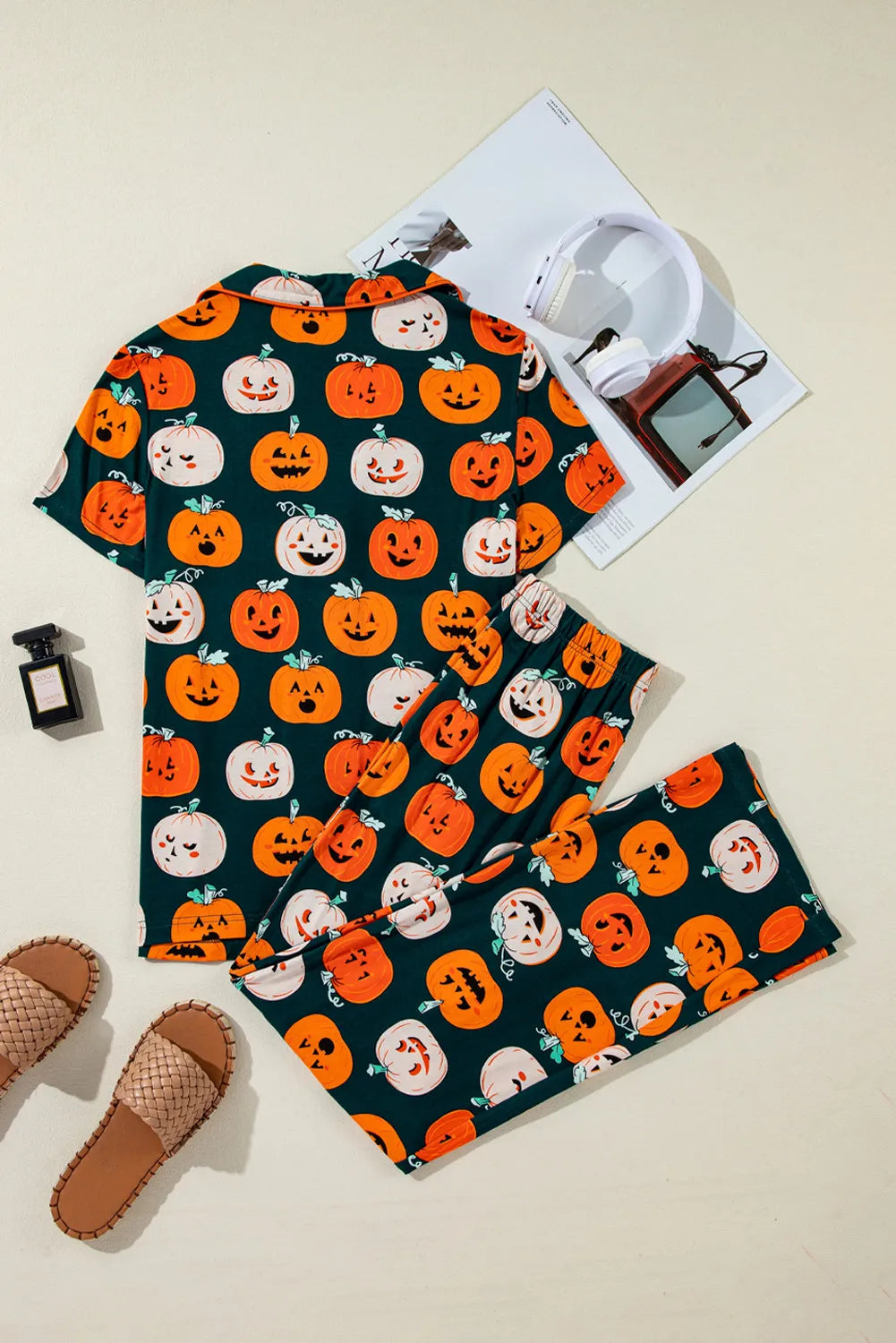 Pumpkin Printed Short Sleeve Top and Pants Lounge Set - 1985 the VAULT Boutique