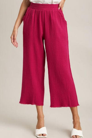 Umgee Full Size Raw Hem Elastic Waist Wide Leg Pants Plus Size - 1985 the VAULT Boutique