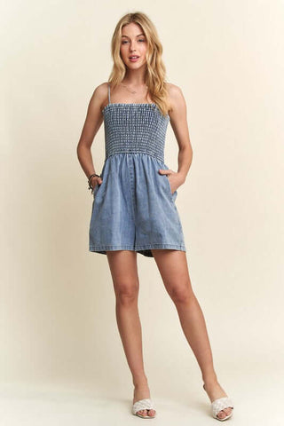 ADORA Smocked Spaghetti Strap Denim Romper - 1985 the VAULT Boutique