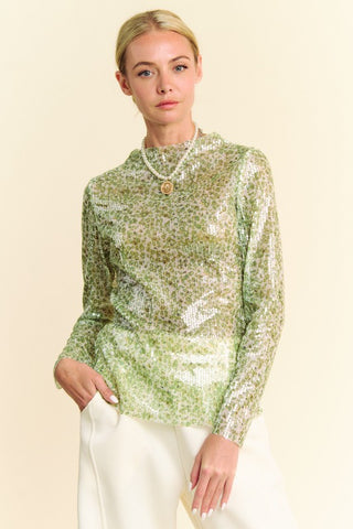 Davi & Dani Sequin Mock Neck Long Sleeve Mesh Top - 1985 the VAULT Boutique