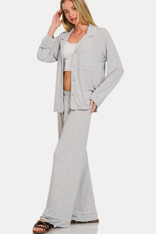 Zenana Button Down Long Sleeve Top and Pants Lounge Set - 1985 the VAULT Boutique