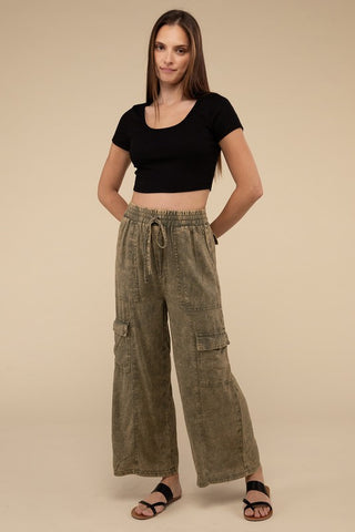 Washed Linen Elastic Band Waist Cargo Pants - 1985 the VAULT Boutique