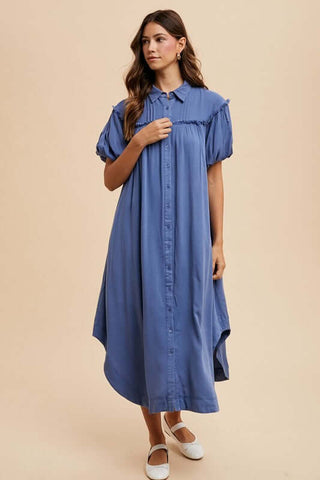 Annie Wear Mineral Washed Button Down Puff Sleeve Shirt Dress - 1985 the VAULT Boutique