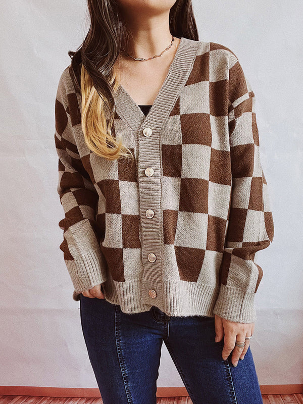 Checkered Open Front Button Up Cardigan - 1985 the VAULT Boutique