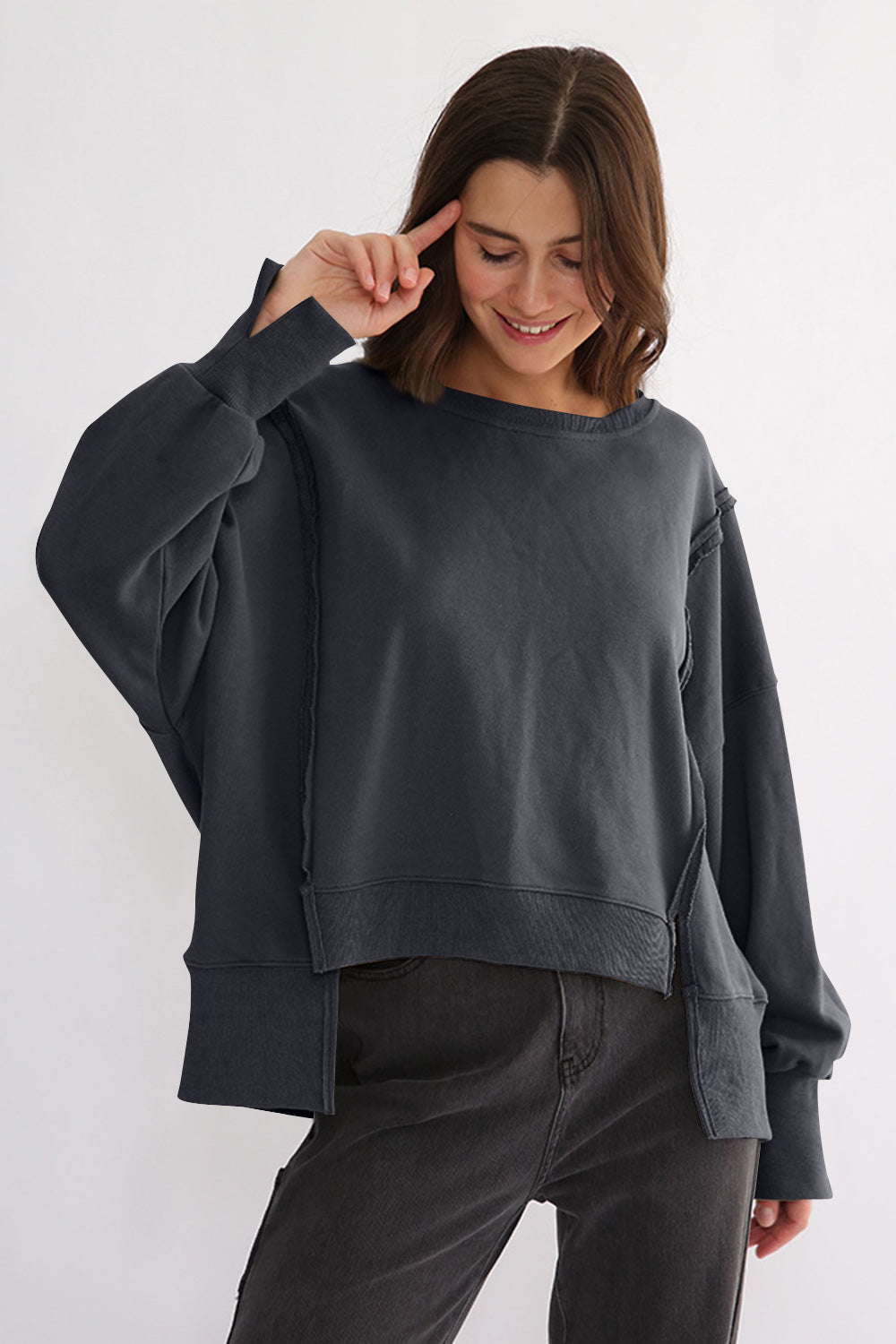 Exposed Seam High-Low Long Sleeve Sweatshirt - 1985 the VAULT Boutique