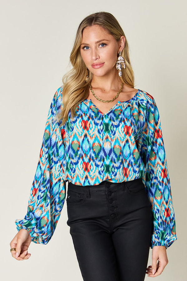 Double Take Full Size Printed Balloon Sleeve Blouse - 1985 THE VAULT