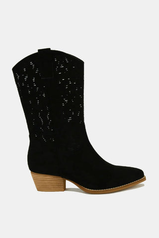 Beast Fashion Faux Suede Laser Cut Detail Block Heel Boots - 1985 the VAULT Boutique