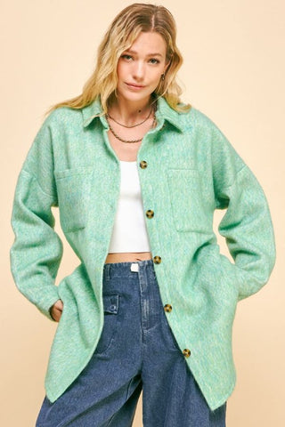 Davi & Dani Curved Hem Heathered Dropped Shoulder Shacket - 1985 the VAULT Boutique