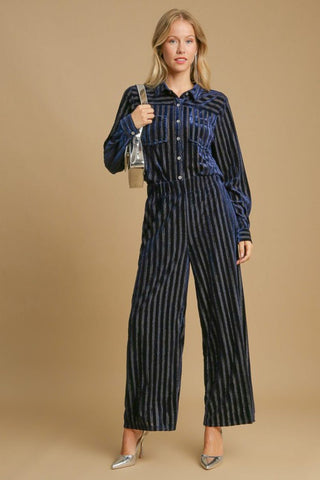 Umgee Full Size Elastic Waist Striped Wide Leg Velvet Pants - 1985 the VAULT Boutique