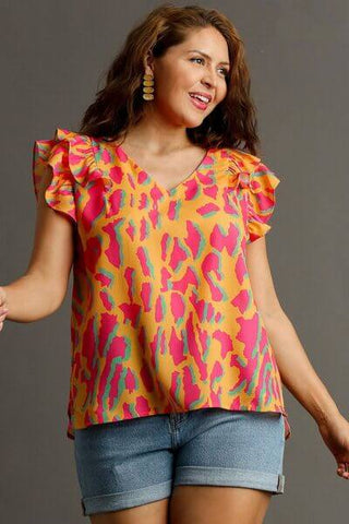 Umgee Full Size Abstract Print V-Neck Double Layer Ruffle Sleeve Blouse Plus Size - 1985 the VAULT Boutique