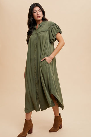 Annie Wear Mineral Washed Button Down Puff Sleeve Shirt Dress - 1985 the VAULT Boutique