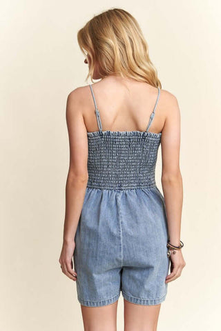 ADORA Smocked Spaghetti Strap Denim Romper - 1985 the VAULT Boutique