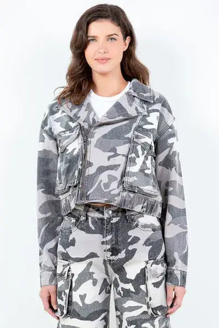 American Bazi Camouflage Zip Up Cropped Rider Jacket - 1985 the VAULT Boutique