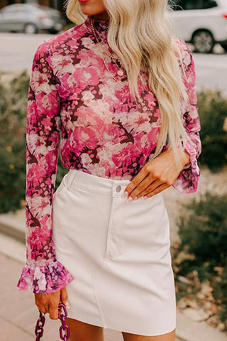 Floral Turtleneck Flounce Sleeve Blouse - 1985 the VAULT Boutique