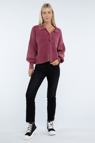 Washed Collared Henley Sweater - 1985 the VAULT Boutique