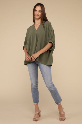 Woven Airflow V-Neck Puff Half Sleeve Top - 1985 the VAULT Boutique