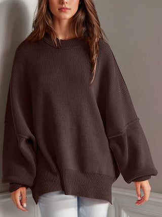 Double Take Side Slit Round Neck Long Sleeve Sweater - 1985 the VAULT Boutique