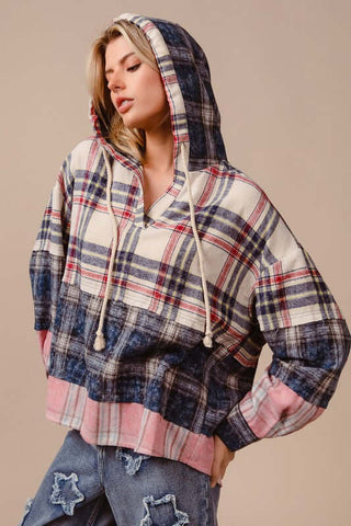 BiBi Drawstring Plaid Drop Shoulder Hoodie - 1985 the VAULT Boutique