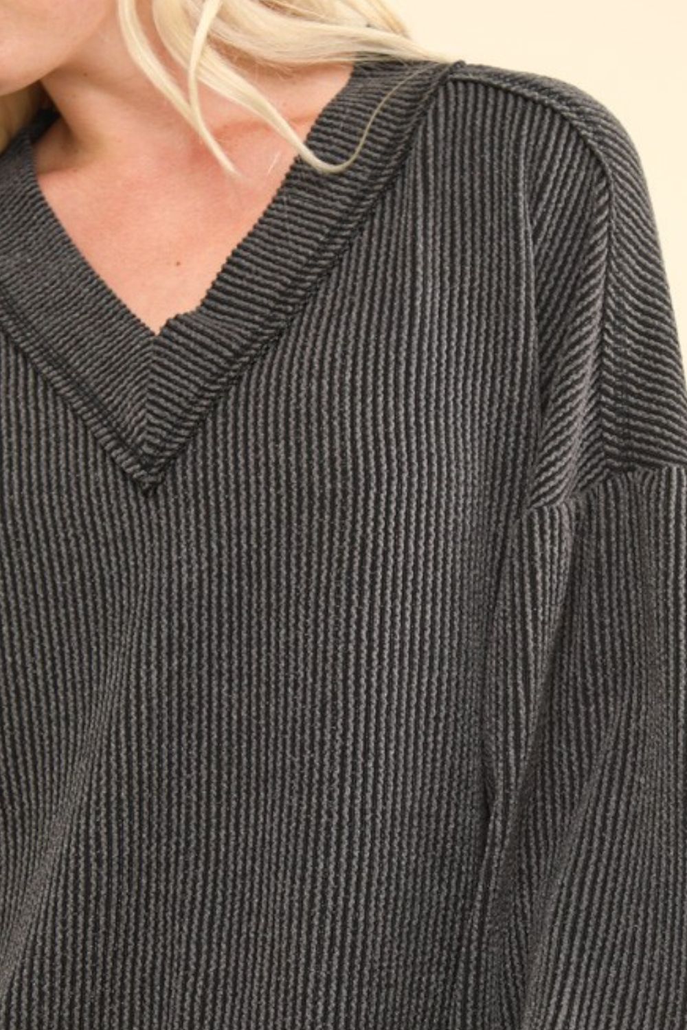 VERY J Two Tone Ribbed V-Neck Exposed Seam Top - 1985 the VAULT Boutique