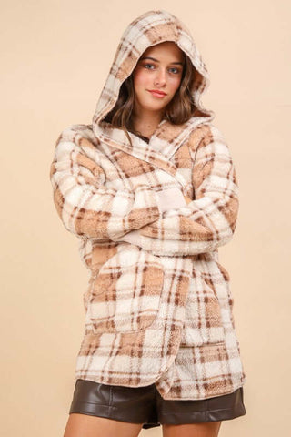 VERY J Fuzzy Plaid Long Sleeve Hooded Jacket - 1985 the VAULT Boutique