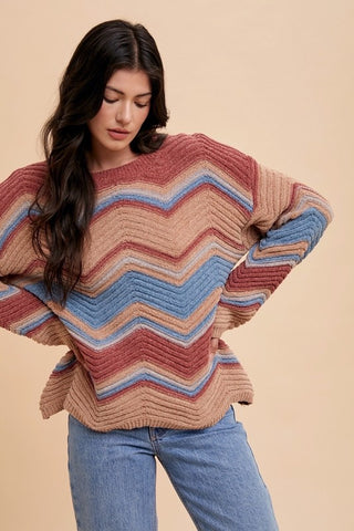 Annie Wear Multi Color Zig-Zag Round Neck Sweater - 1985 the VAULT Boutique