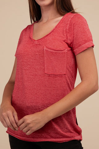 Basic Washed Melange Burnout Scoop V-Neck Top - 1985 the VAULT Boutique