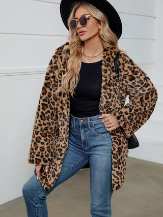 Fuzzy Leopard Hooded Long Sleeve Jacket - 1985 the VAULT Boutique