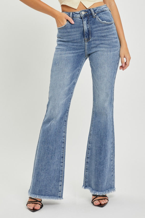 RISEN Full Size High Waist Raw Hem Flare Jeans - 1985 the VAULT Boutique