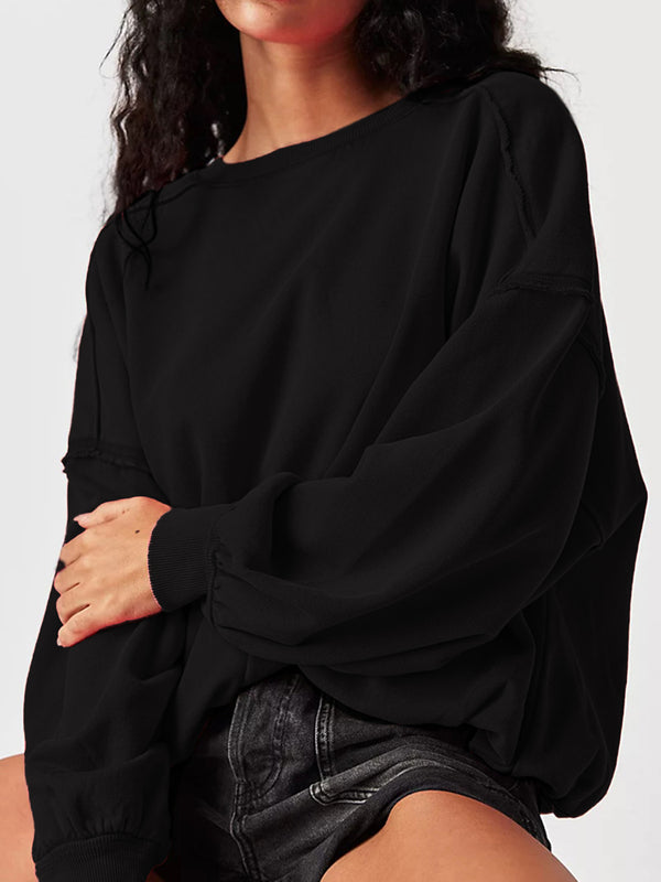 Exposed Seam Round Neck Long Sleeve Sweatshirt - 1985 the VAULT Boutique