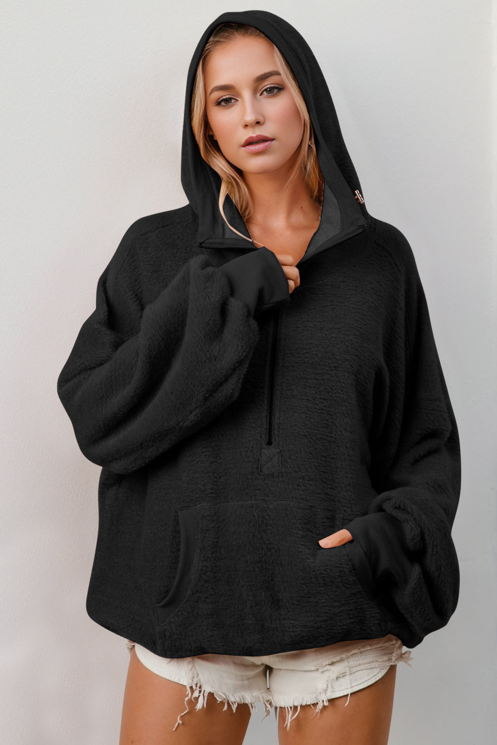 Double Take Half Zip Long Sleeve Hoodie with Kangaroo Pocket - 1985 the VAULT Boutique