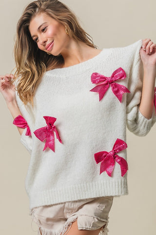 BiBi Sequin Bow Puff Sleeve Sweater - 1985 the VAULT Boutique