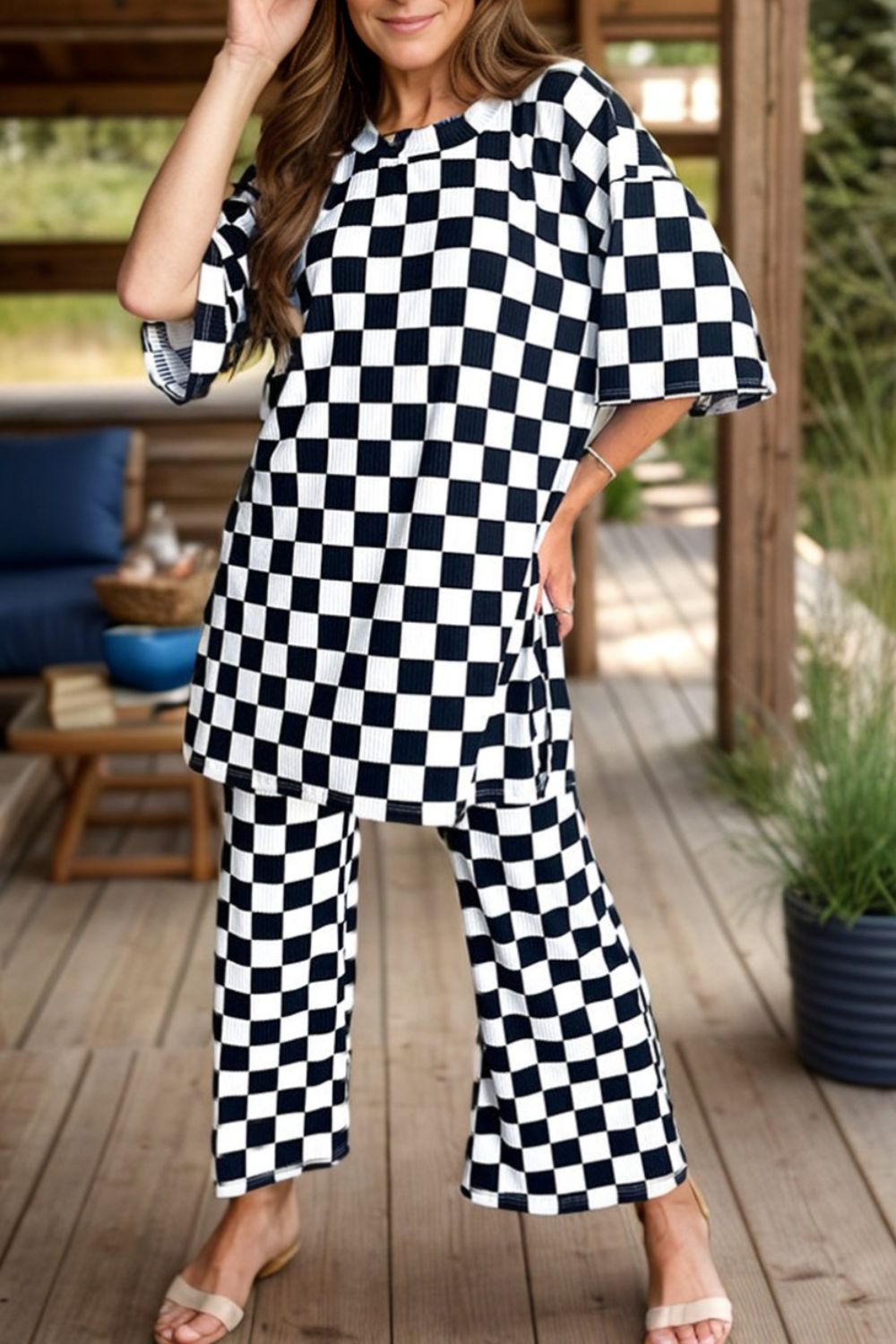 Checkered Round Neck Half Sleeve Top and Pants Set - 1985 the VAULT Boutique