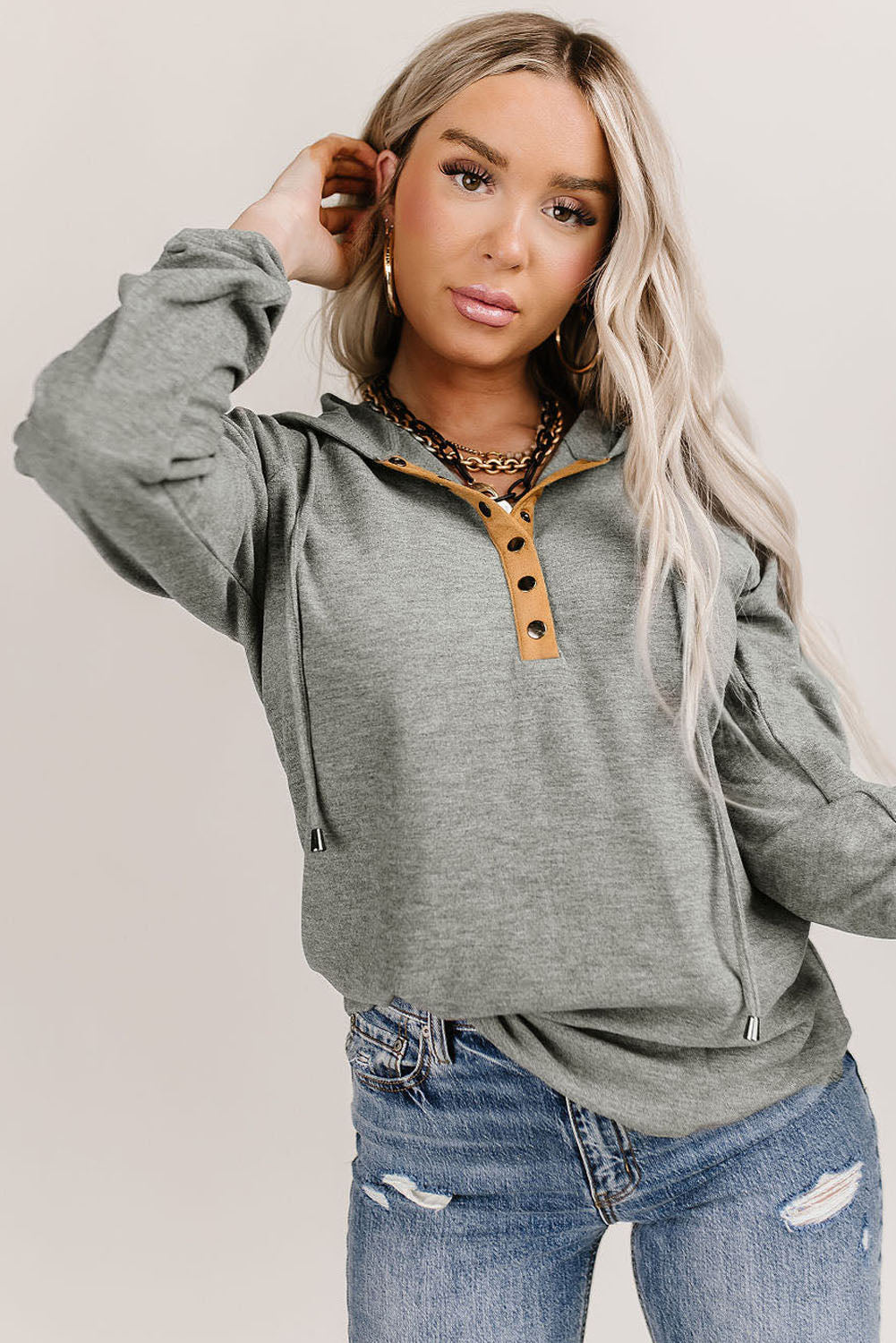 Drawstring Quarter Snap Long Sleeve Hoodie - 1985 the VAULT Boutique