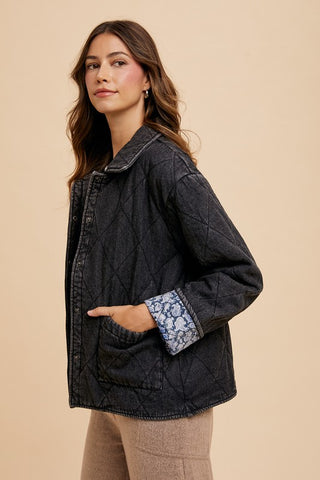 Annie Wear Quilted Printed Lining Snap Down Denim Jacket - 1985 the VAULT Boutique