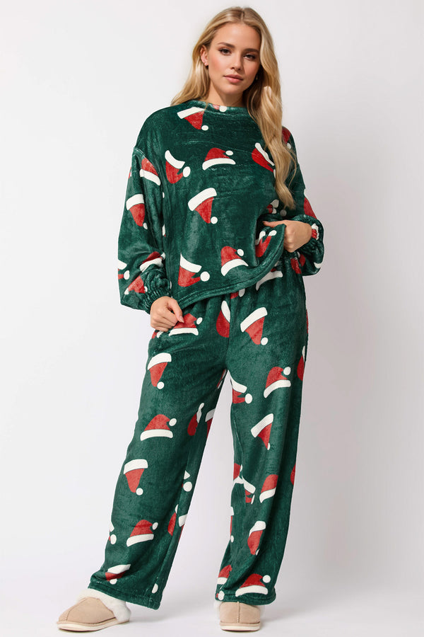 Christmas Hat Pattern Round Neck Long Sleeve Top and Pants Set - 1985 the VAULT Boutique