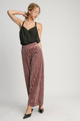 Umgee Full Size Elastic Waist Striped Wide Leg Velvet Pants - 1985 the VAULT Boutique