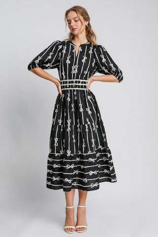 Umgee Bow Tie Print Notched Contrast Velvet Trim Midi Dress - 1985 the VAULT Boutique