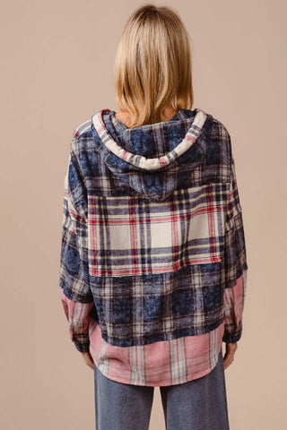 BiBi Drawstring Plaid Drop Shoulder Hoodie - 1985 the VAULT Boutique